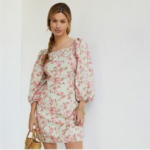 NWT Anthropologie Puff-Sleeved Mini Dress Sz S Green Pink Floral